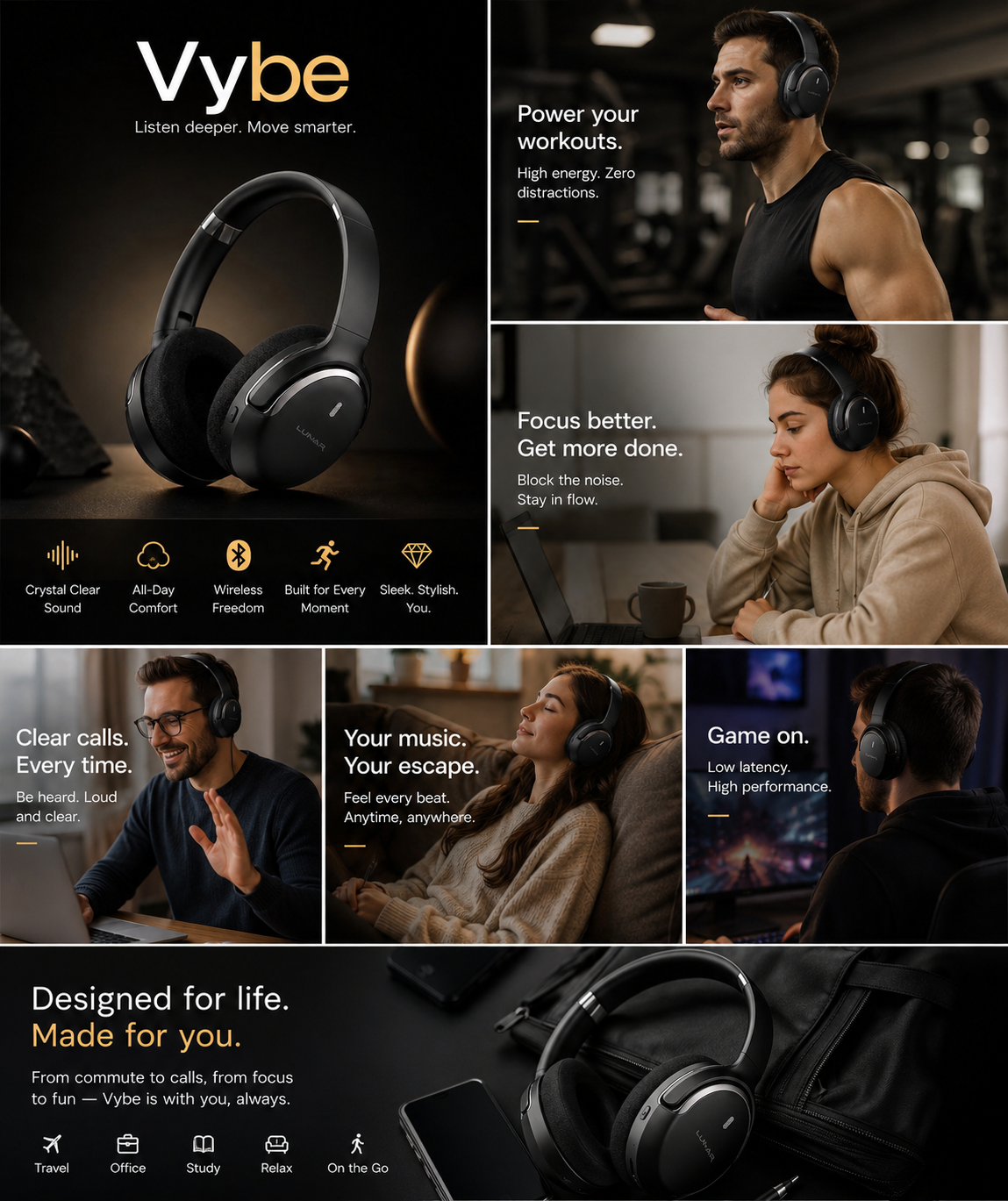 Lunar Vybe Wireless Bluetooth Headphones Over-Ear with Dynamic Sound, 10H Playtime & USB-C Charging