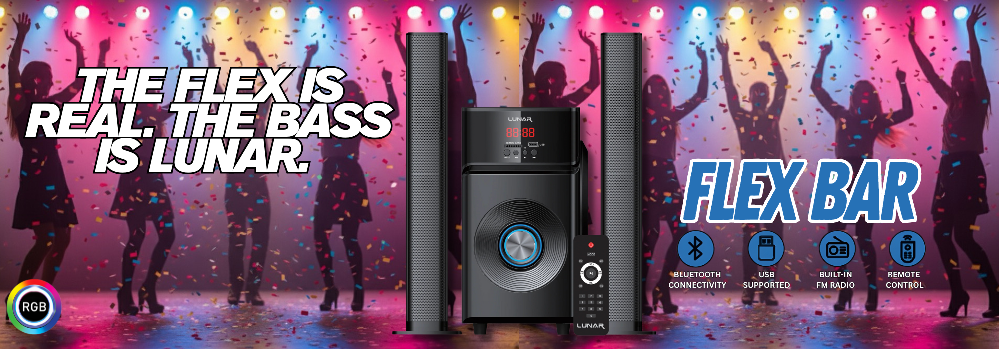 LUNAR - FLEX BAR - 2.1 Speaker System With Bluetooth, USB & Remote Control