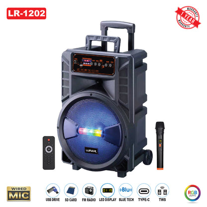 LR-1202 Portable Trolley Bluetooth Speaker with Wireless Mic, FM Radio, USB, SD Card & RGB Lights