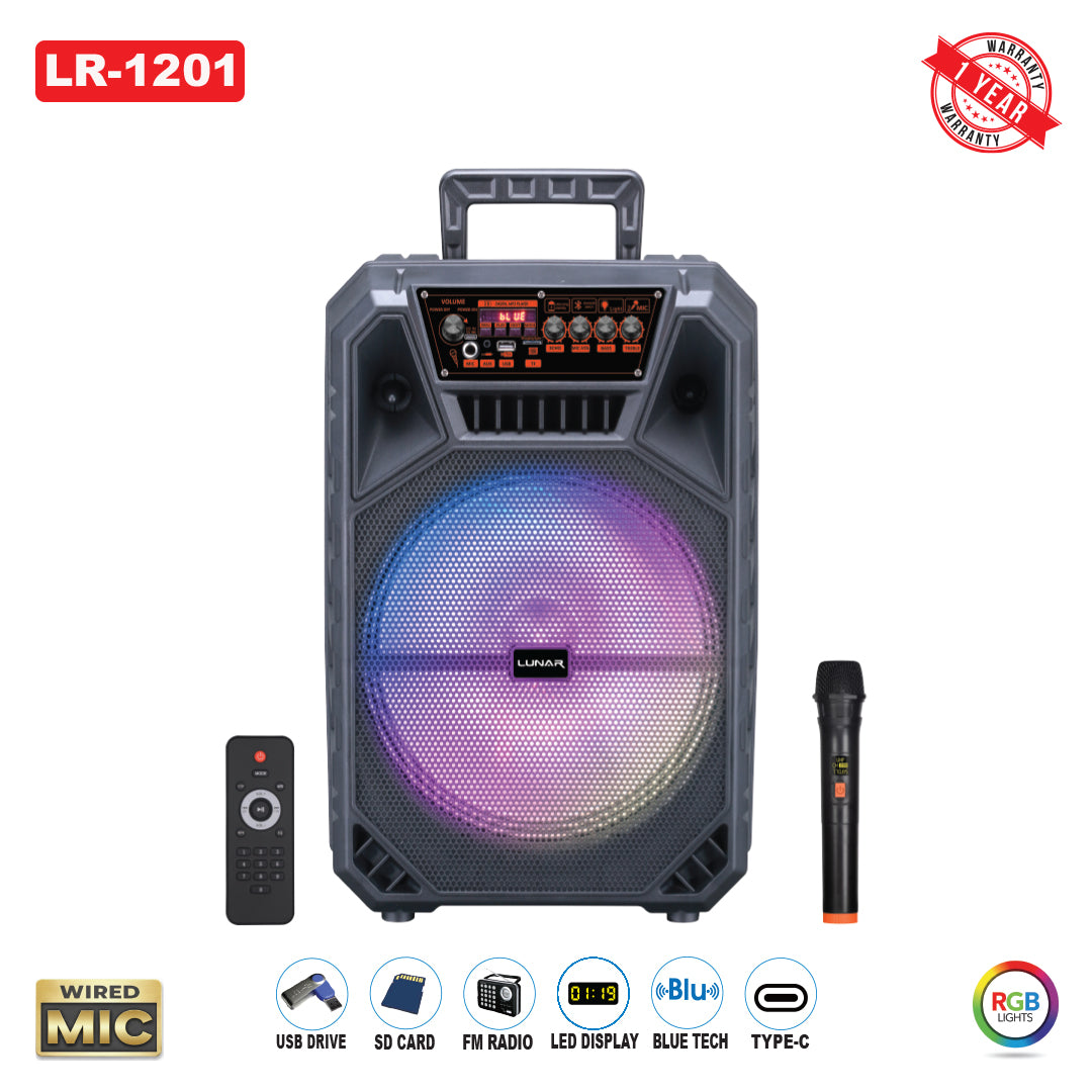 LR-1201 Portable Trolley Bluetooth Speaker with Wireless Mic, FM Radio, USB & RGB Lights