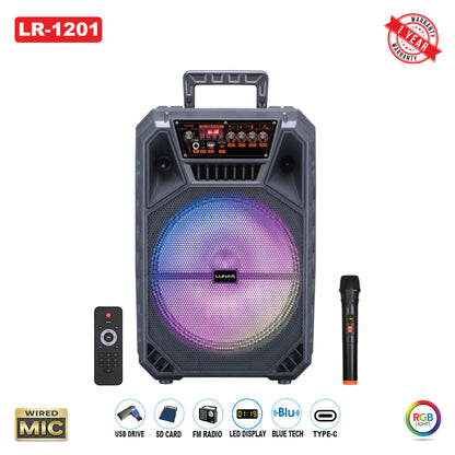 LR-1201 Portable Trolley Bluetooth Speaker with Wireless Mic, FM Radio, USB & RGB Lights