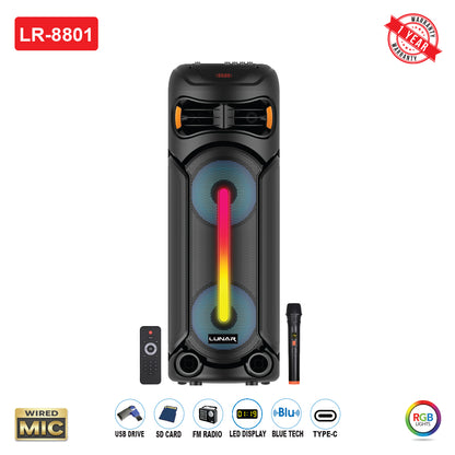 LR-8801 Portable Trolley Bluetooth Speaker with Wireless Mic, FM Radio, USB, SD Card & RGB Lights