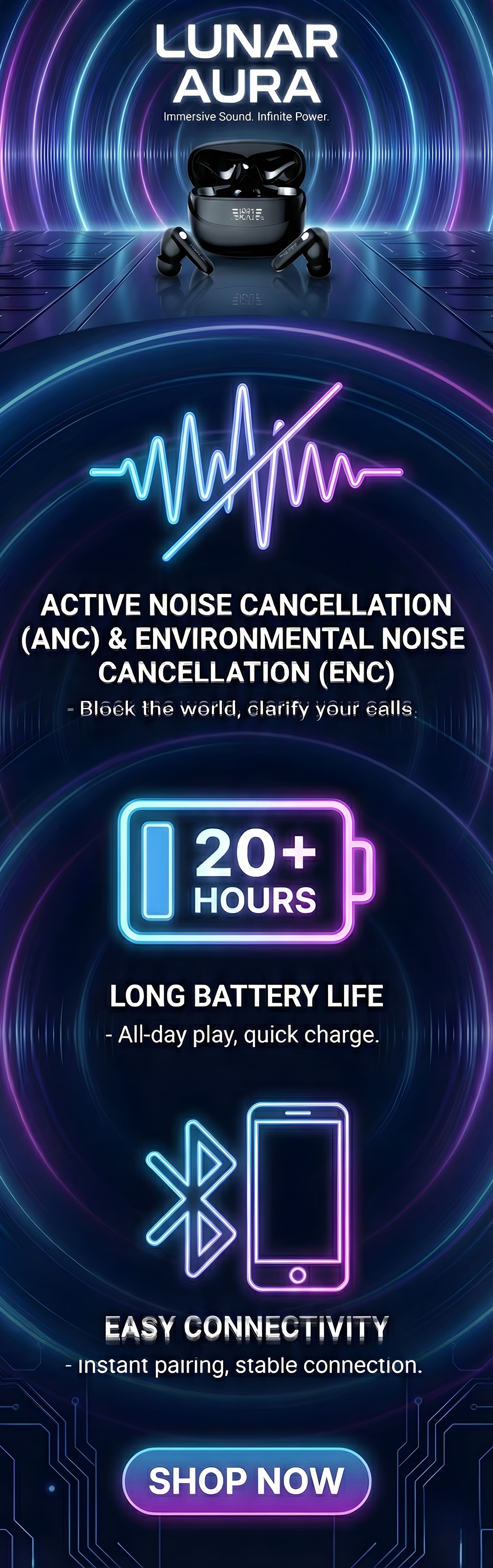 Lunar Aura Wireless Earbuds with 1 Year Warranty, ANC + ENC Noise Cancellation, Built-in Mic, Bluetooth 5.4, Bass Sound, HiFi Stereo, Touch Control, Upto 20 Hours Battery, Android/iOS Compatible & Hands-Free Calls.