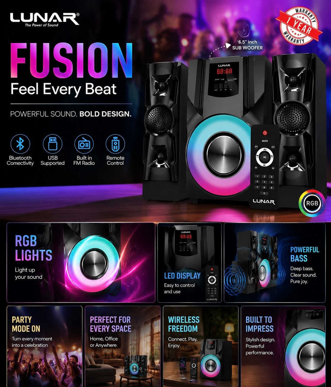 LUNAR - FUSION - 2.1 Speaker System With Bluetooth, USB & Remote Control