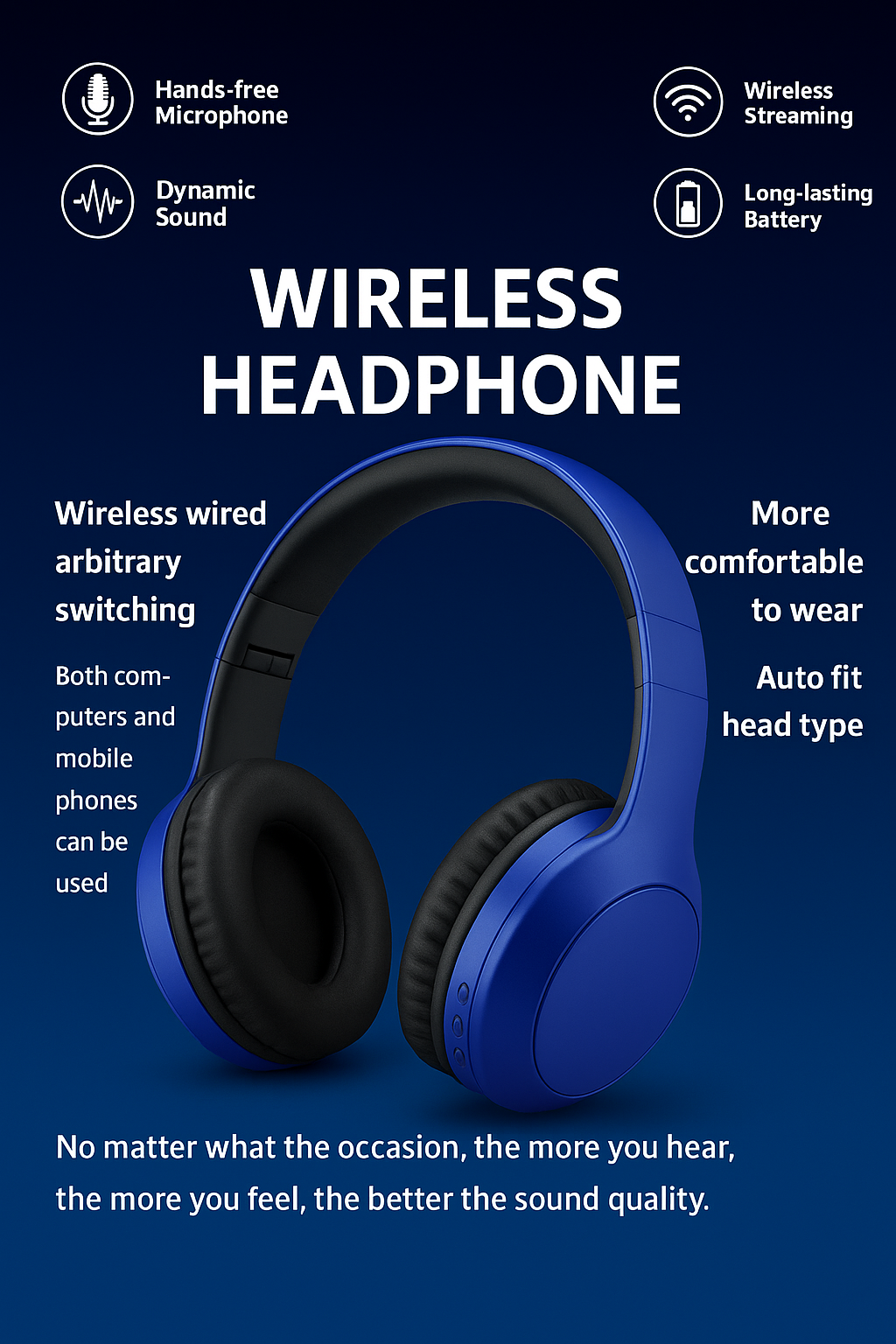 Lunar Auric - Wireless - Bluetooth - Rechargeable - Headphone with Mic for calling - Headset for Mobile and PC Users (Black)