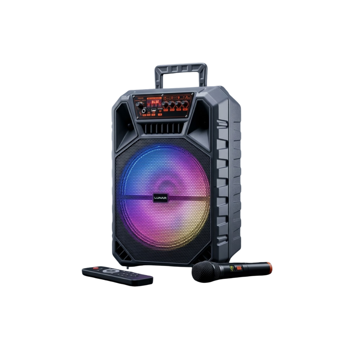 LR-1201 Portable Trolley Bluetooth Speaker with Wireless Mic, FM Radio, USB & RGB Lights