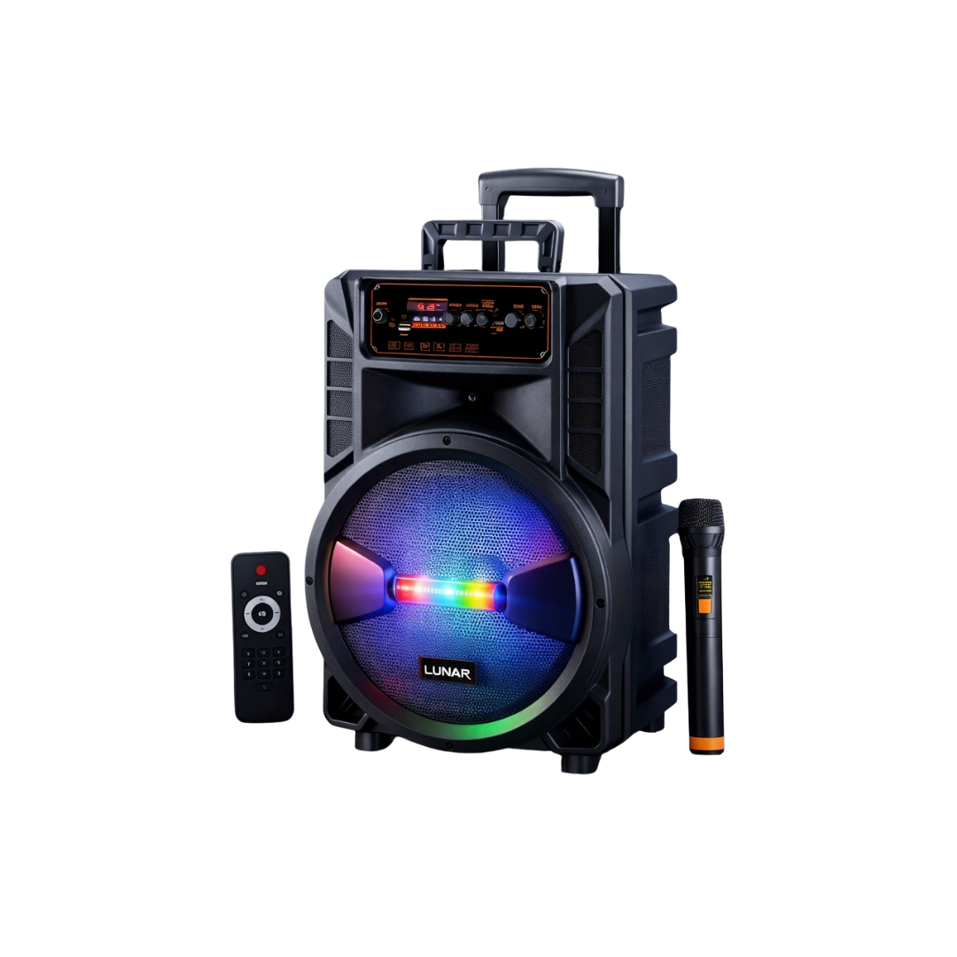 LR-1202 Portable Trolley Bluetooth Speaker with Wireless Mic, FM Radio, USB, SD Card & RGB Lights