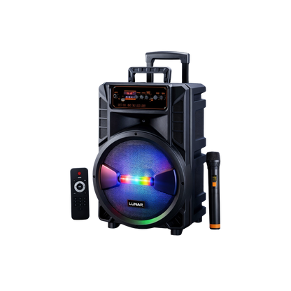 LR-1202 Portable Trolley Bluetooth Speaker with Wireless Mic, FM Radio, USB, SD Card & RGB Lights