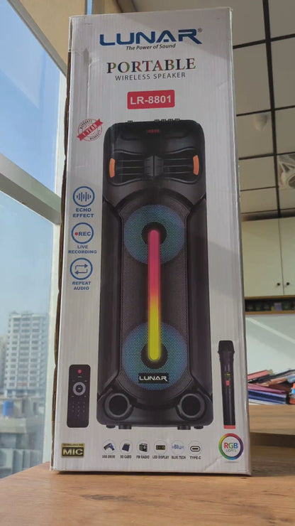 LR-8801 Portable Trolley Bluetooth Speaker with Wireless Mic, FM Radio, USB, SD Card & RGB Lights