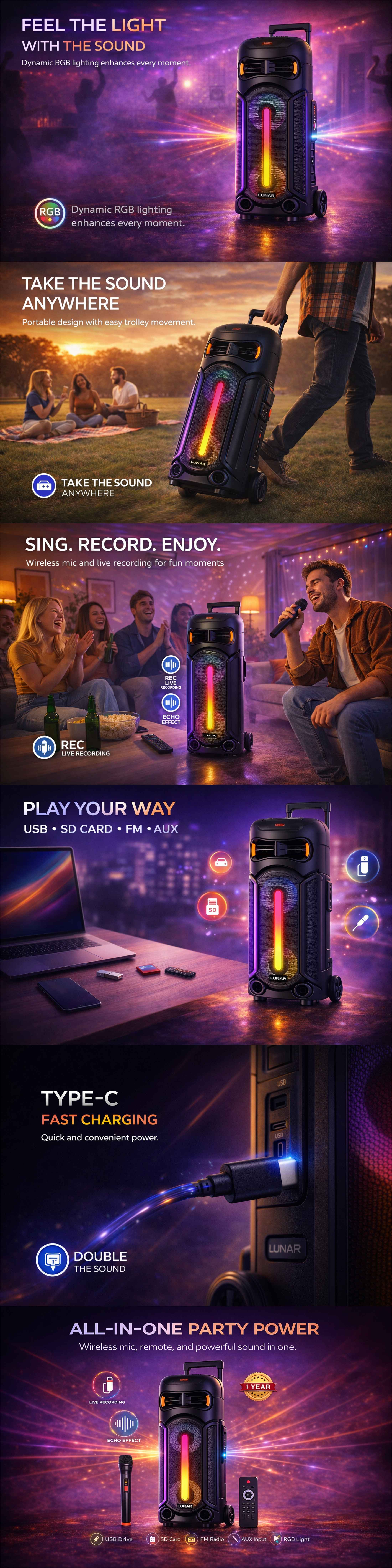 LR-8801 Portable Trolley Bluetooth Speaker with Wireless Mic, FM Radio, USB, SD Card & RGB Lights
