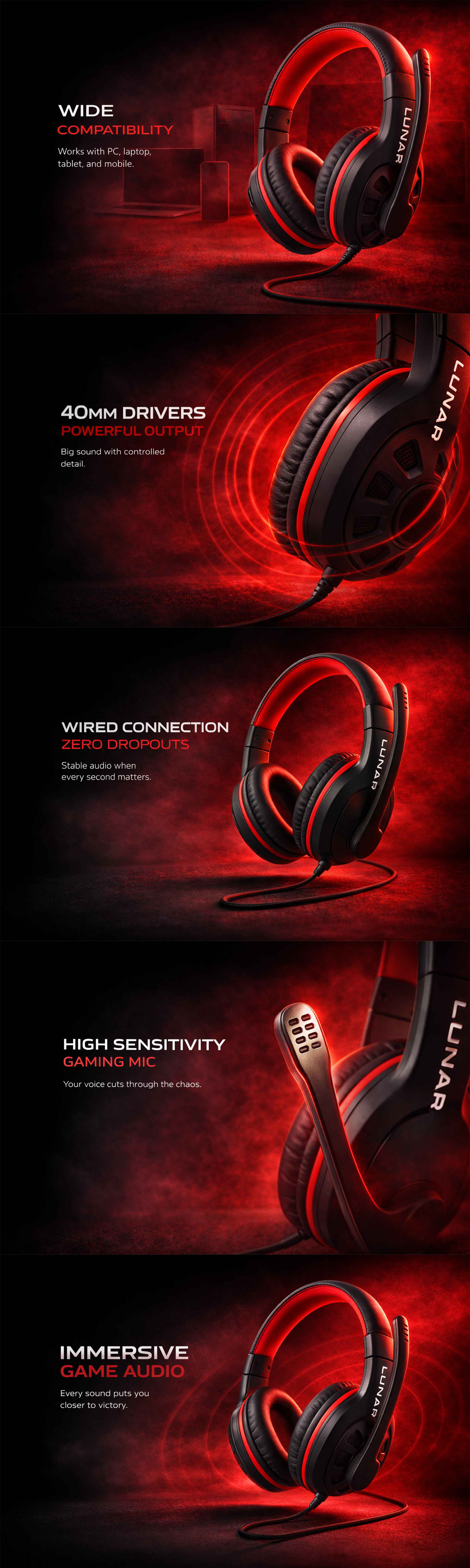 Lunar Mars Wired Gaming Headphone with Mic - For Mobile , PC ,Tablets, Laptop, PS4, PS5, Xbox One