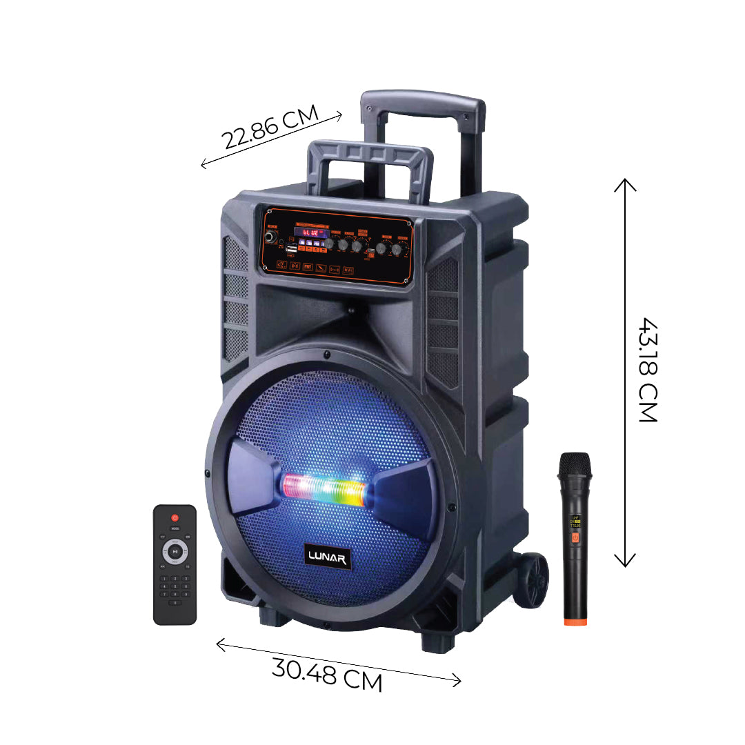 LR-1202 Portable Trolley Bluetooth Speaker with Wireless Mic, FM Radio, USB, SD Card & RGB Lights