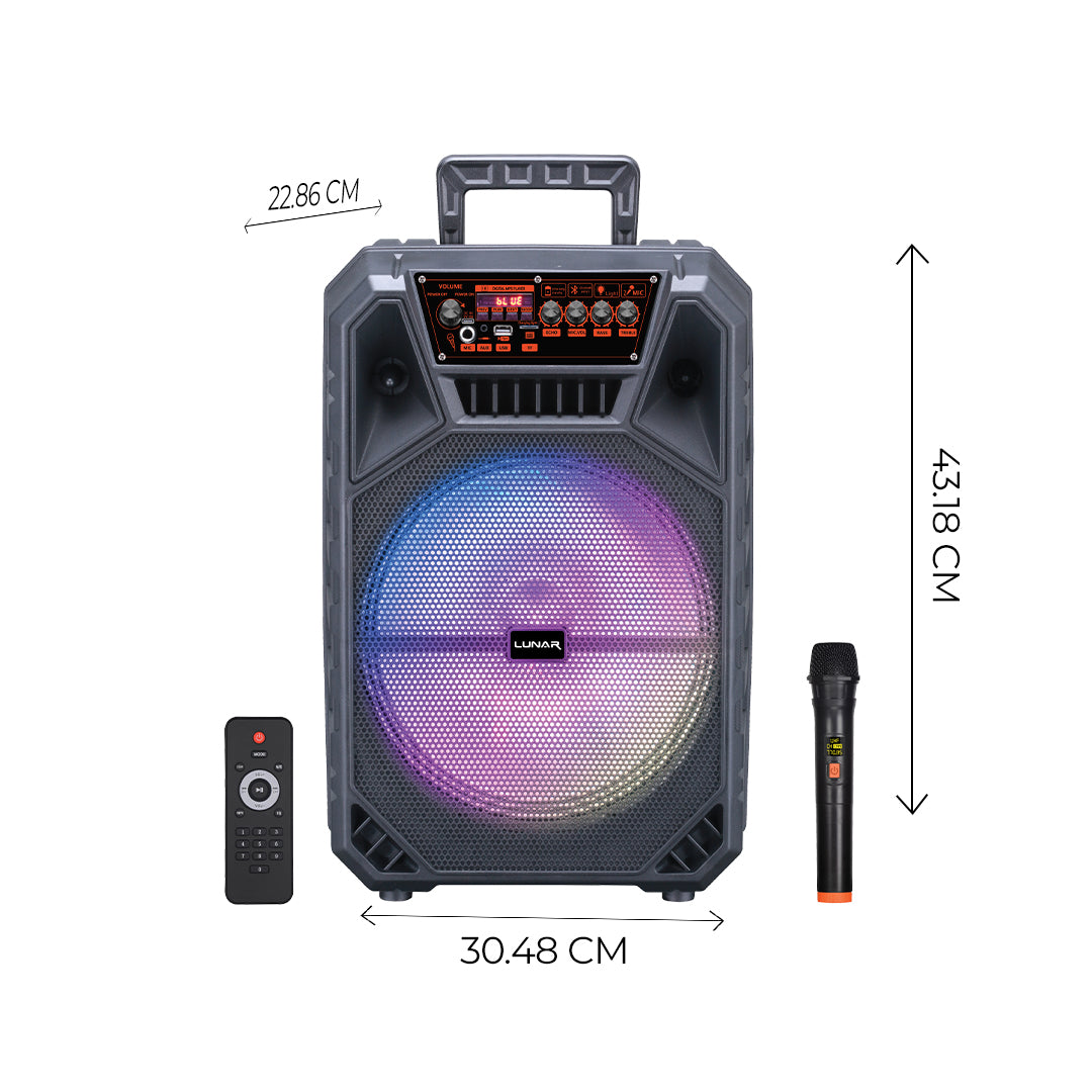 LR-1201 Portable Trolley Bluetooth Speaker with Wireless Mic, FM Radio, USB & RGB Lights